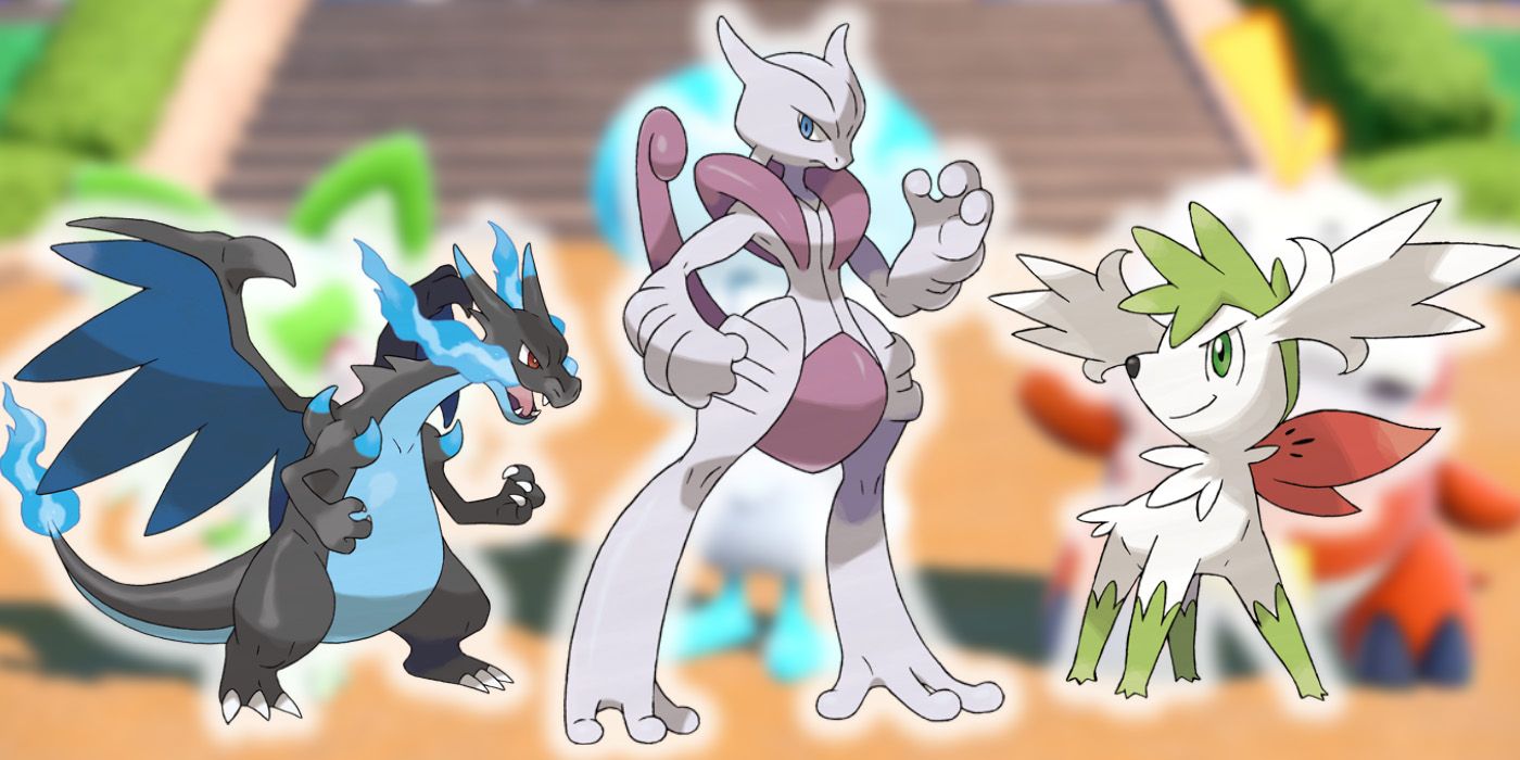 Pokemon characters: Charizard X, Mewtwo, and Shaymin
