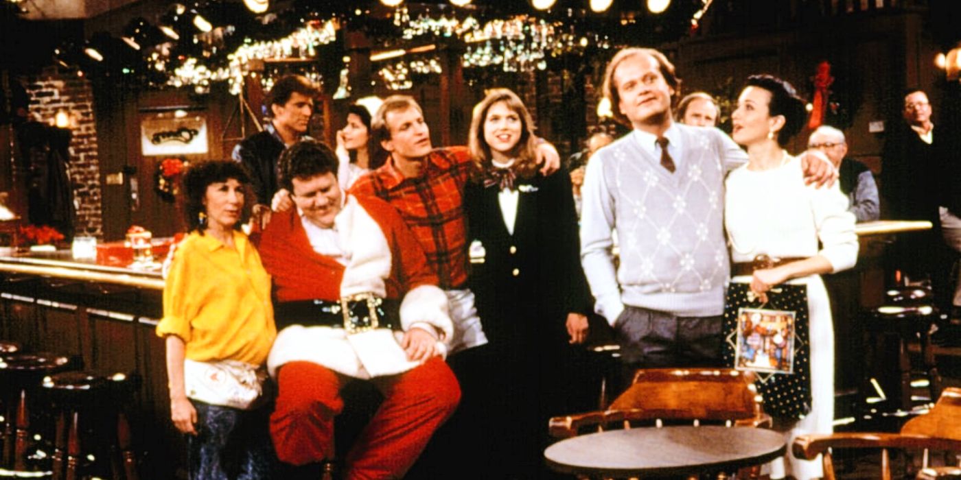 The cast of Cheers at the bar during Christmastime