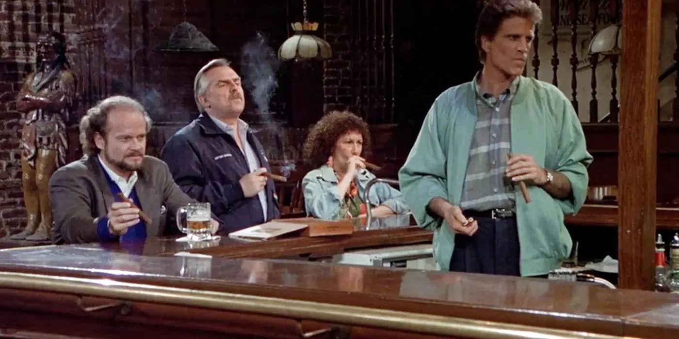 The gang (Frasier, Cliff, Carla, plus Sam) smoke cigars at the bar in the Cheers series finale