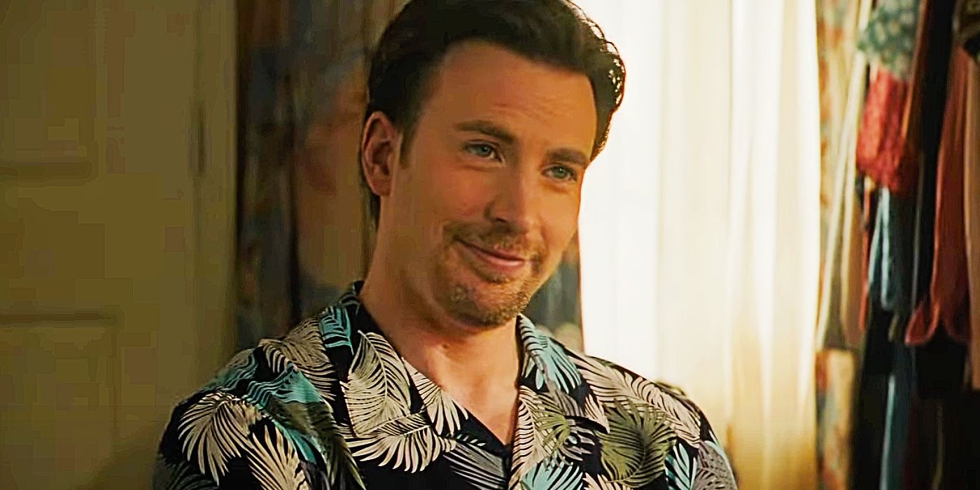 Chris Evans grinning in a Hawaiian shirt in Pain Hustlers