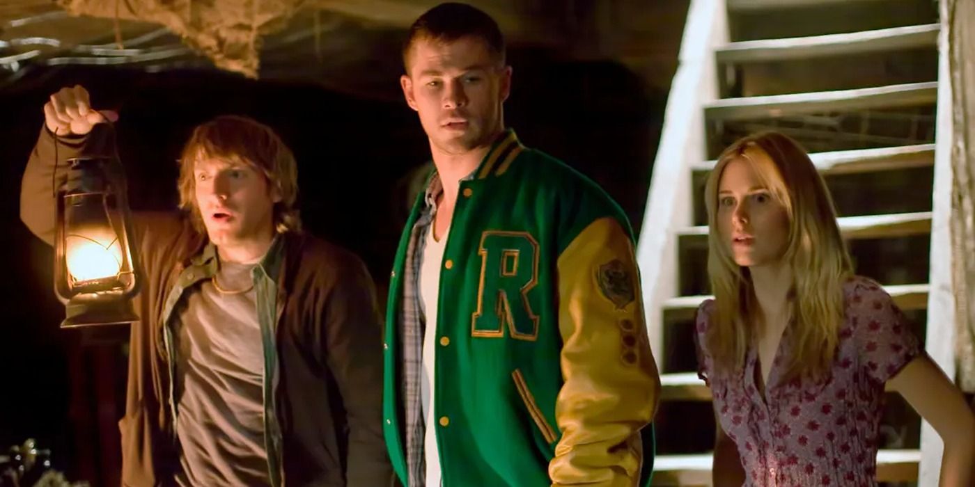 Chris Hemsworth as Curt, Fran Kranz as Marty, and Kristen Connolly as Dana in The Cabin in the Woods