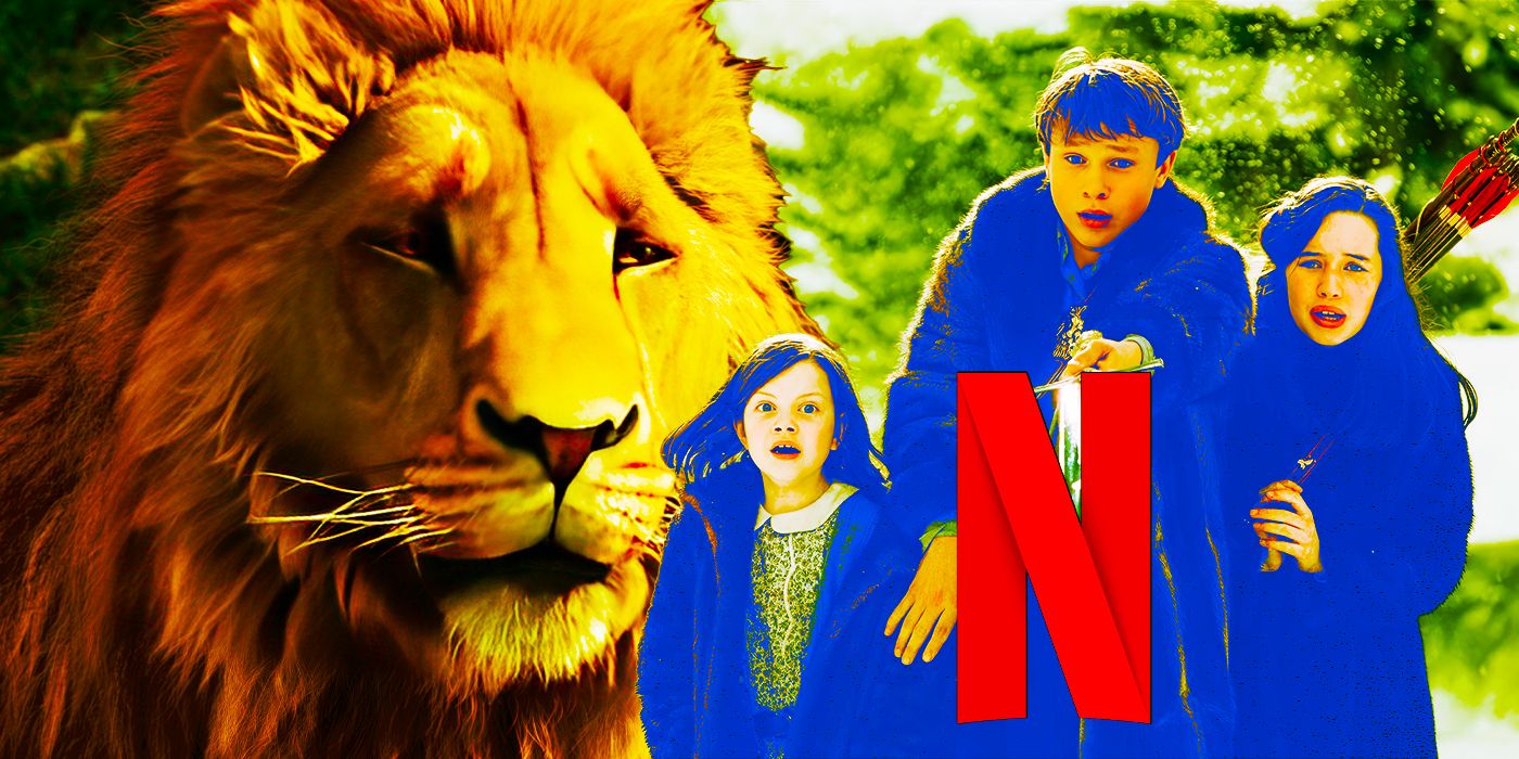 A collage of the Lion and the Pevensie siblings from The Lion, the Witch, and the Wardrboe, with a Netflix N overtop
