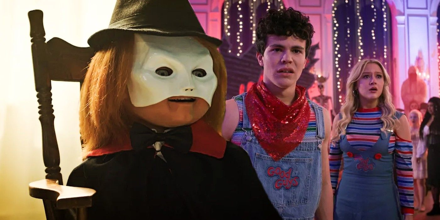 Chucky wearing a mask and teenagers dressed at a party in season 3