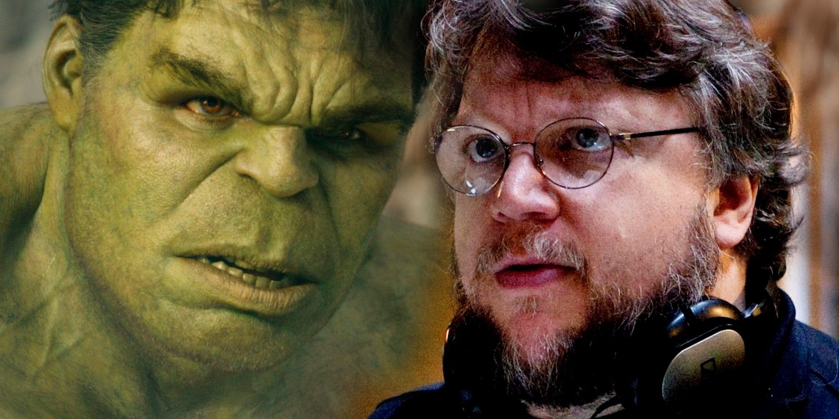 Close-ups of The Hulk and Guillermo del Toro angled toward each other