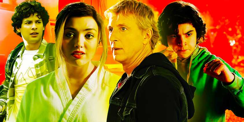 A collage of Cobra Kai characters including Miguel, Tory, Johnny, and Anthony