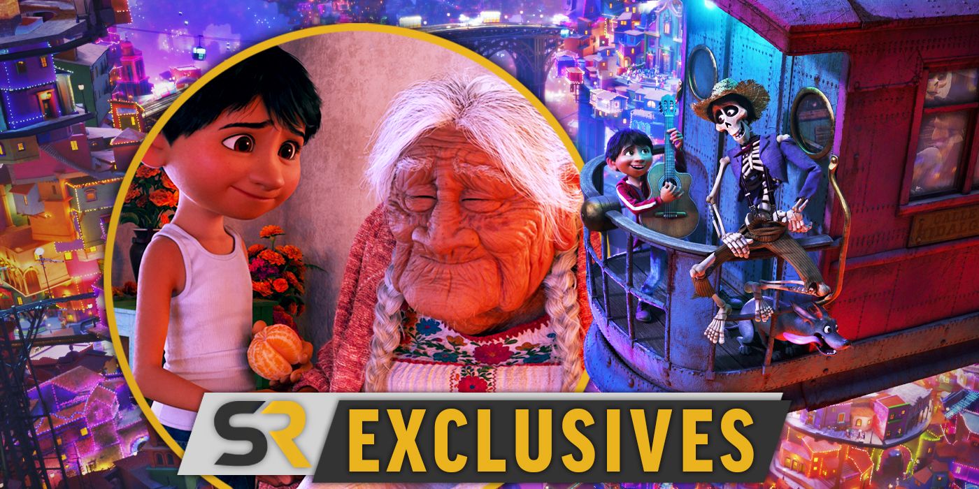 Miguel in Coco next to his grandmother and playing guitar with a skeleton man with the SR Exclusives logo below.