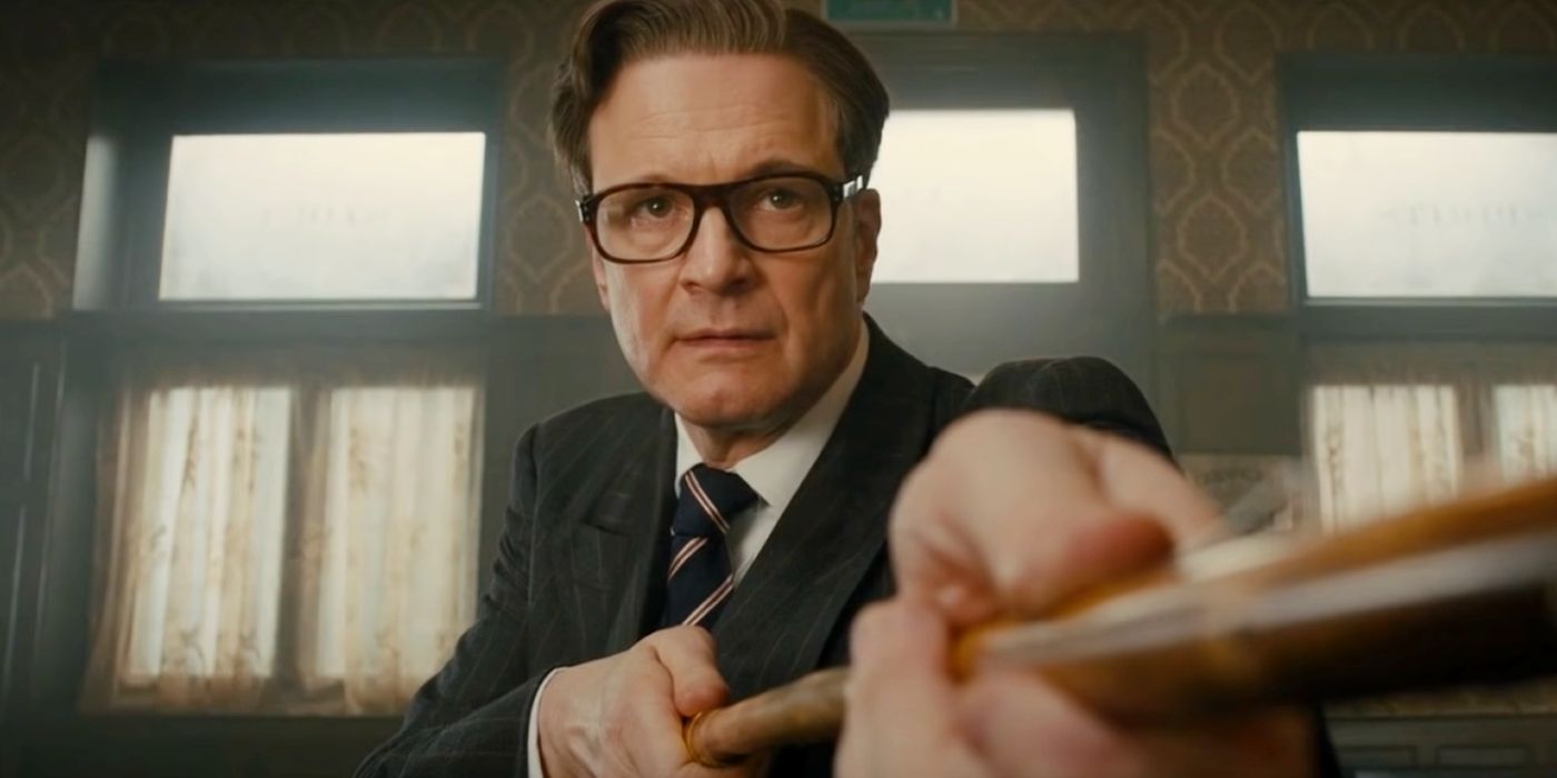 Colin Firth as Harry holding an umbrella like a weapon in Kingsman: The Secret Service.