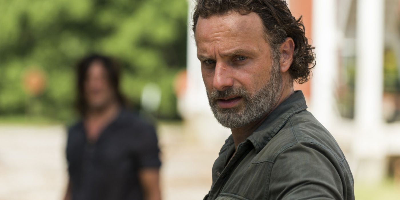 Rick Grimes looks concerned in The Walking Dead