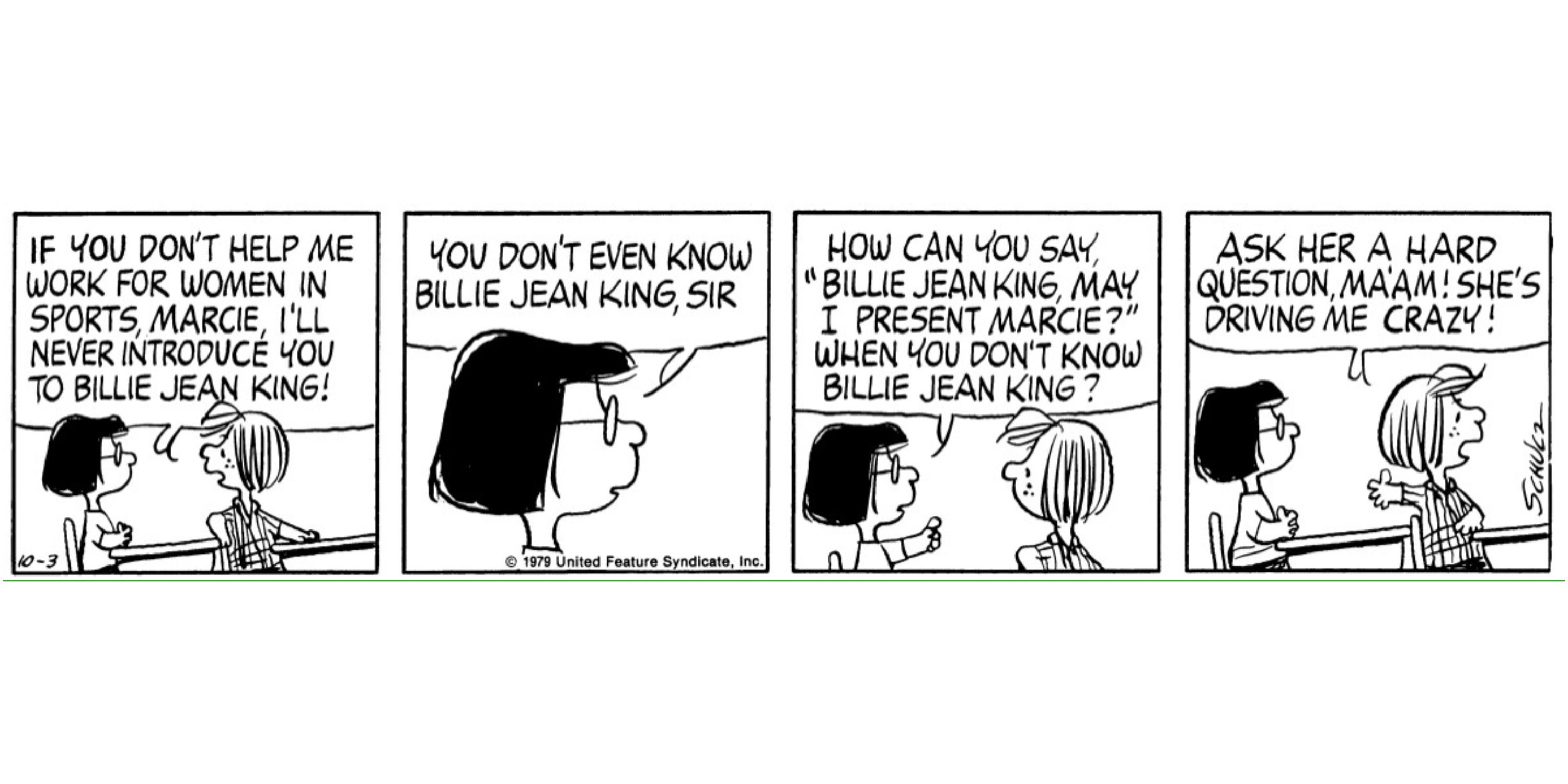 Marcie and Peppermint Patty Peanuts talking about Billie Jean King.