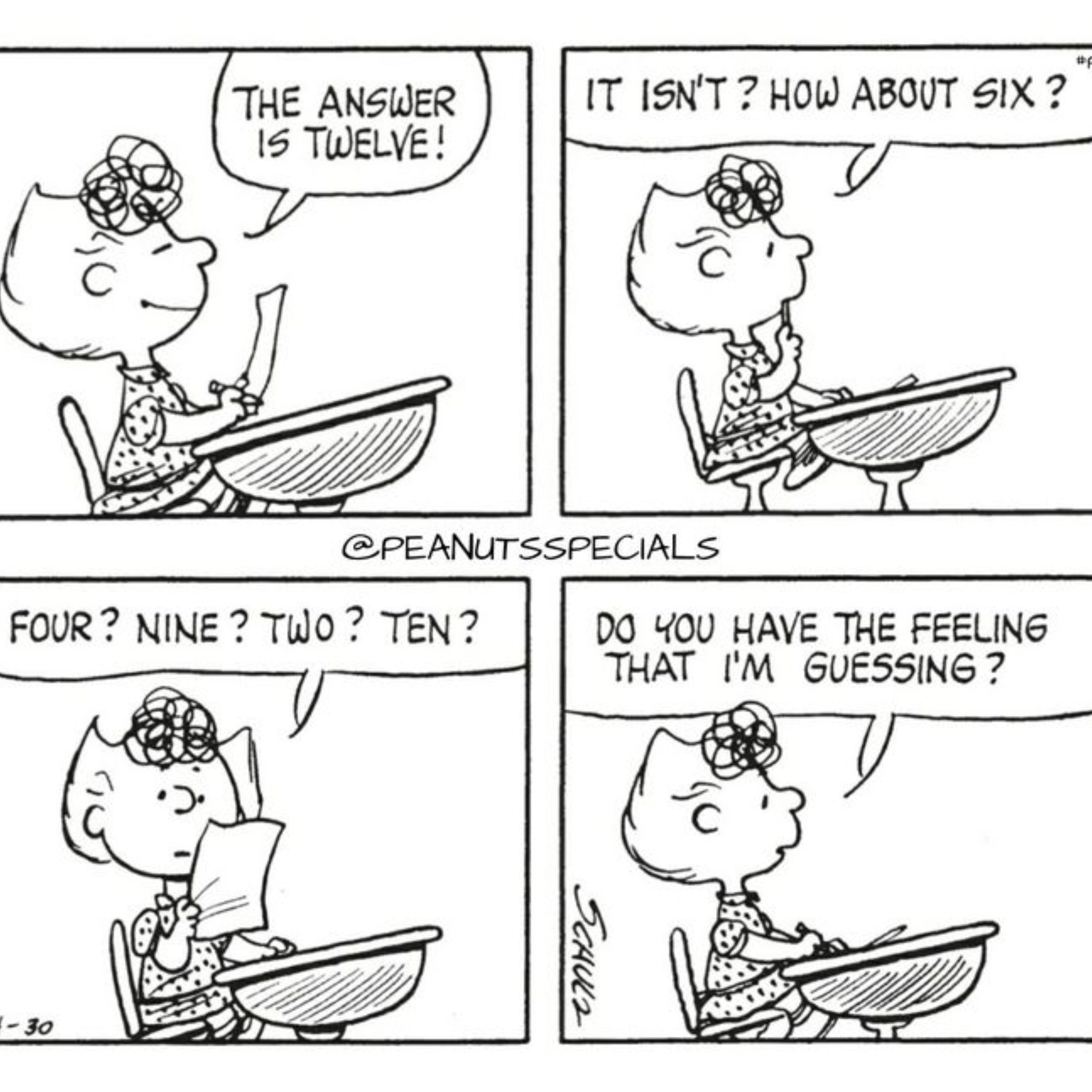 Sally sitting at a desk in Peanuts.