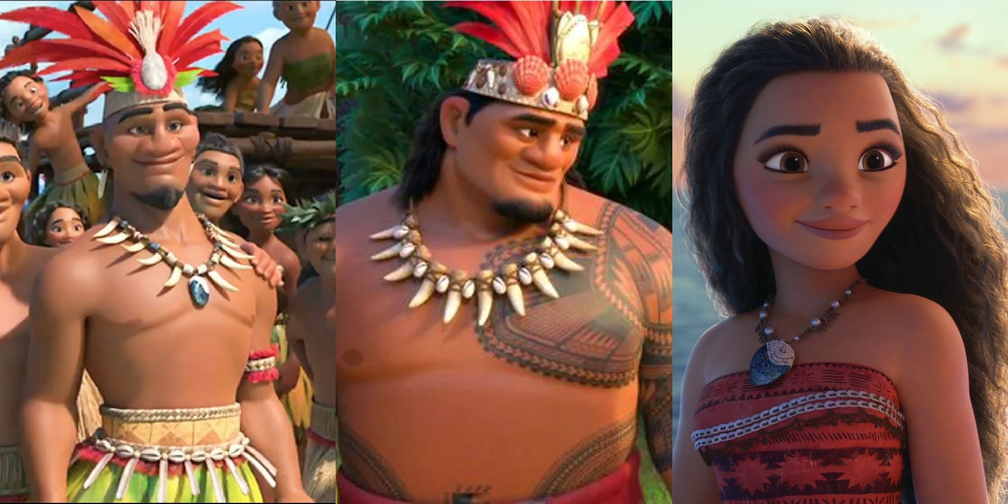 A split image showing Moana's ancestor, father, and herself wearing the chief's necklace. 