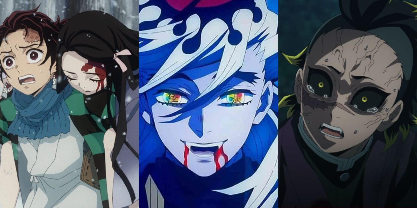 A collage of 3 images of Demon Slayer. On the left, a distraught Tanjiro Kamado is shown carrying his injured and unconscious sister Nezuko on his back. In the middle, Douma is smiling with blood flowing from his mouth. On the right is Genya Fushikawa, stunned and crying.