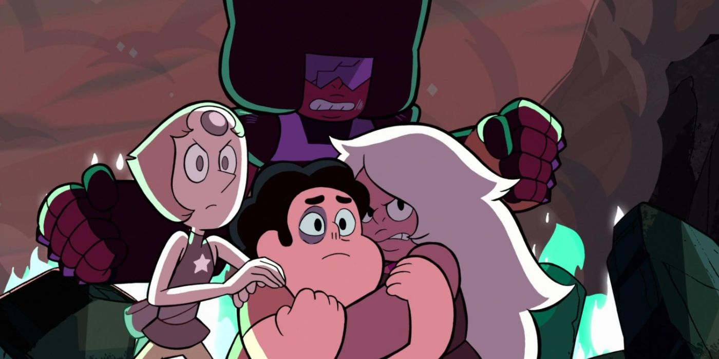 Characters huddled together in Steven Universe