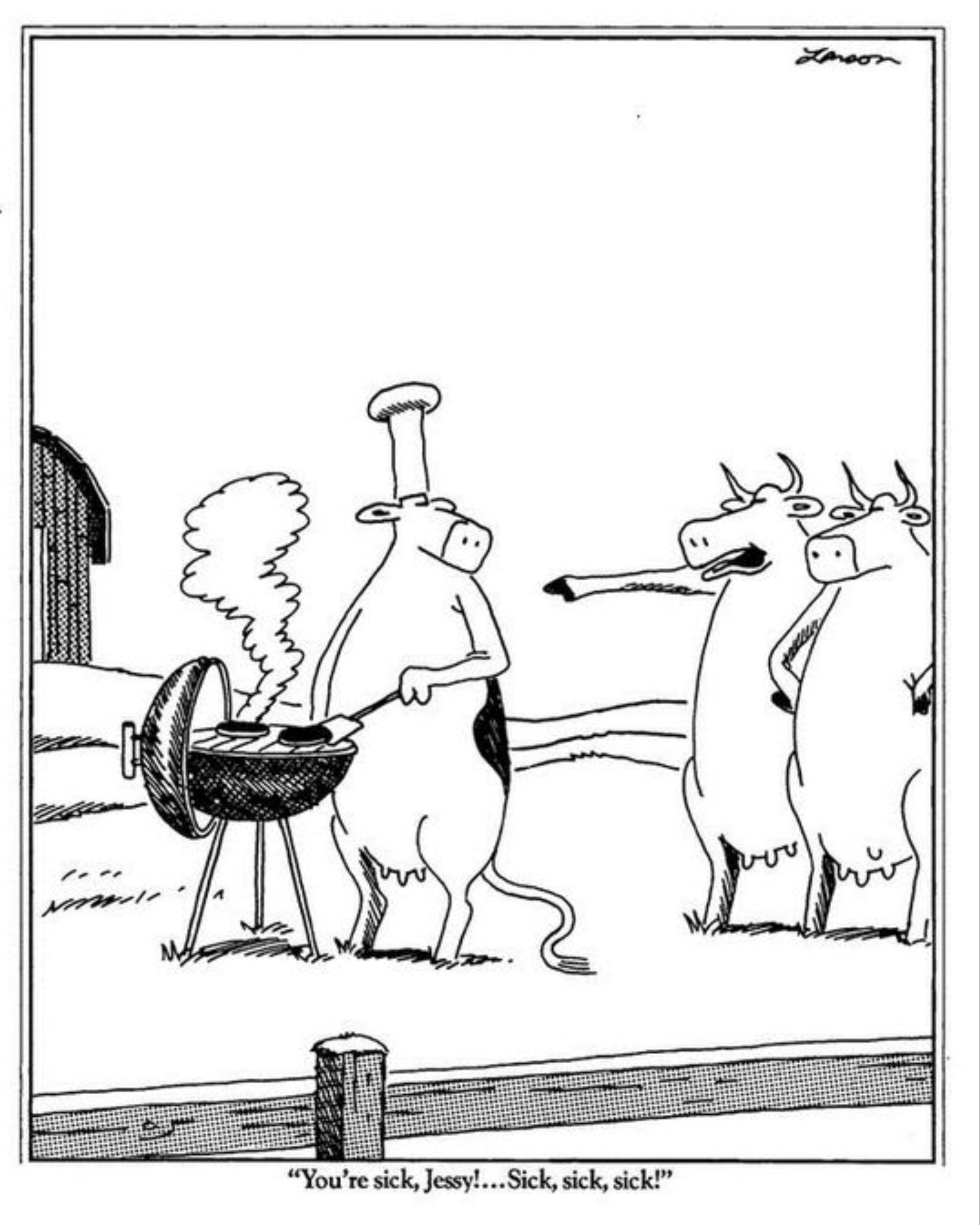 Cow eating a hamburger in The Far Side.