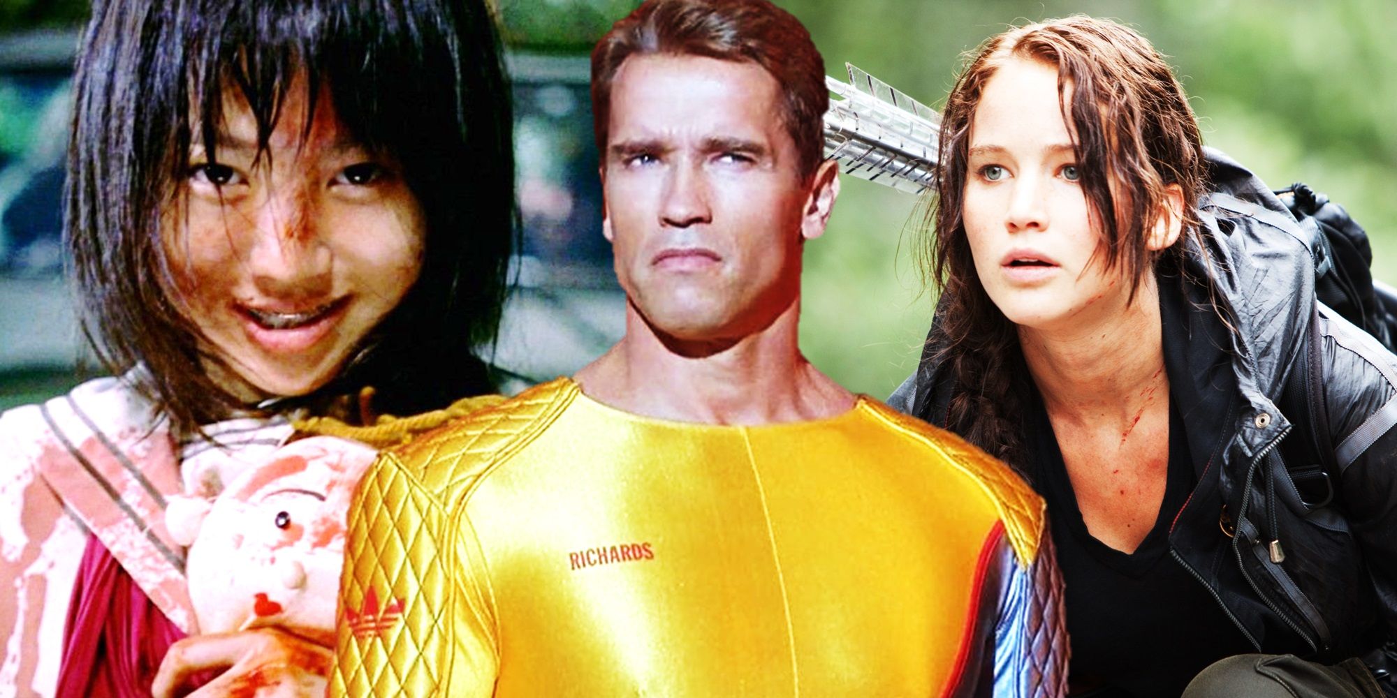 Collage of a girl covered in blood in Battle Royale, Arnold Schwarzenegger in The Running Man, and Jennifer Lawrence in The Hunger Games