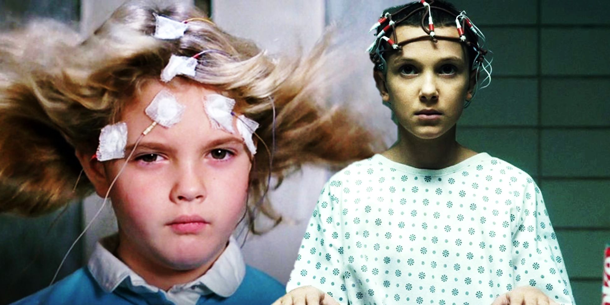 Collage of Drew Barrymore in Firestarter and Millie Bobby Brown in Stranger Things