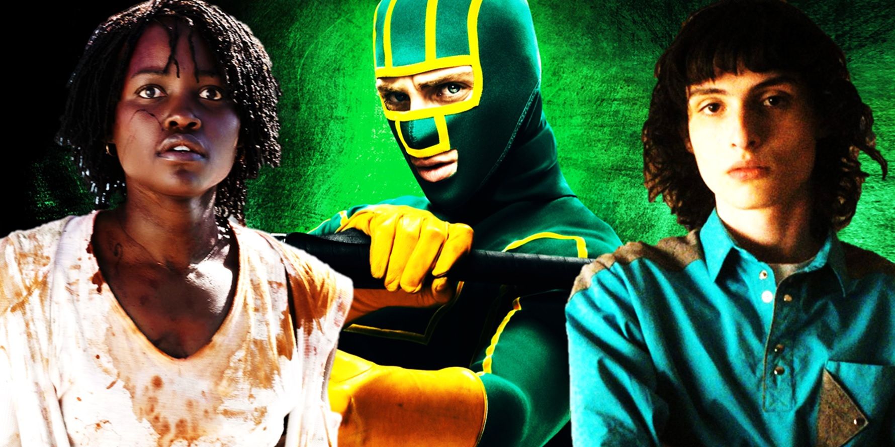 Collage of Lupita Nyong'o in Us, Aaron Taylor-Johnson in Kick-Ass, and Finn Wolfhard in Stranger Things