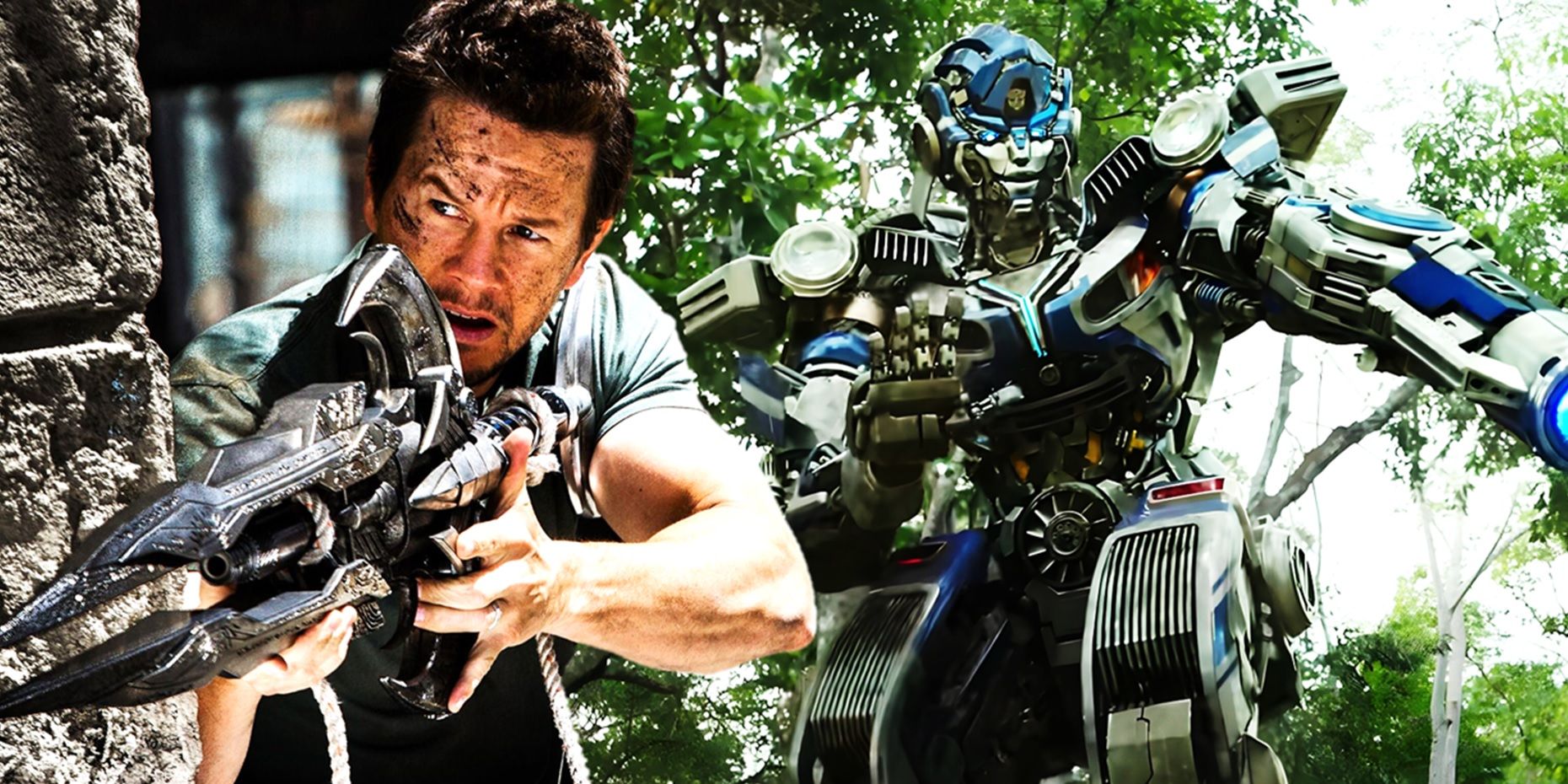 Collage of Mark Wahlberg in Transformers Age of Extinction and Mirage in Transformers Rise of the Beasts
