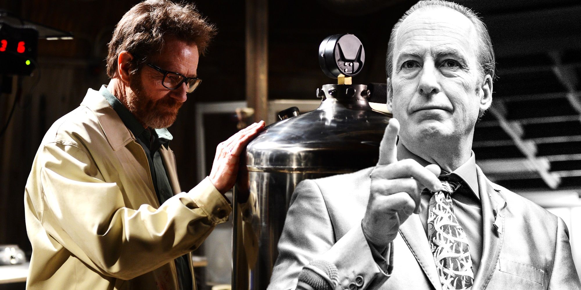 Collage de Walt en el final de Breaking Bad y Jimmy en el mejor final de Call Saul