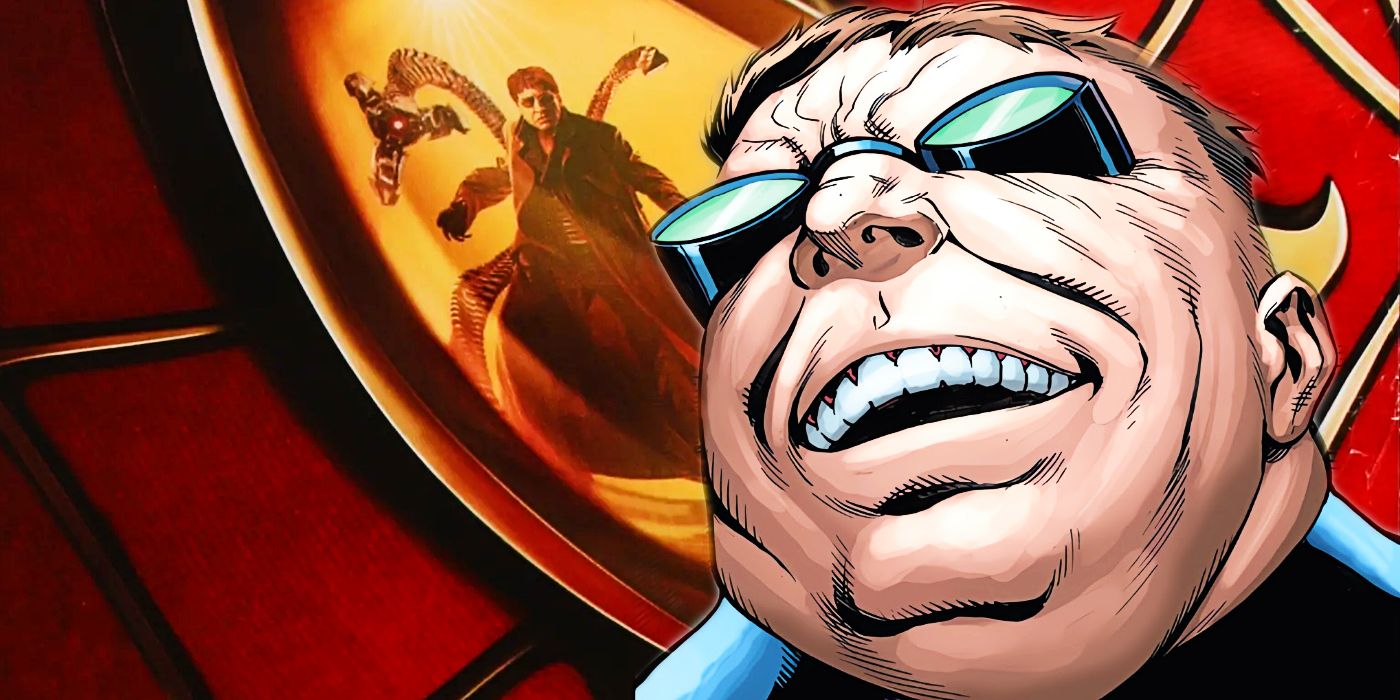 Comic book Doc Ock stares gleefully at his live-action counterpart reflected in Spider-Man's eye.