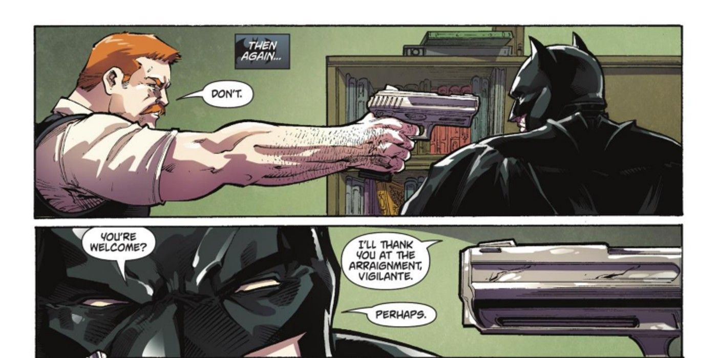 panels of Batman in Arkham Origins graphic novel, Commissioner Gordon puts a gun to Arkham Batman&rsquo;s head