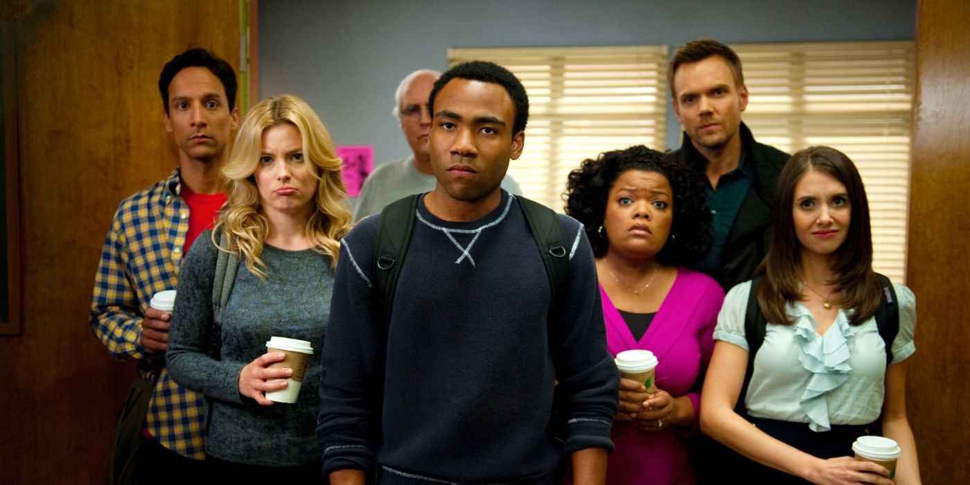 Abed, Britta, Pierce, Troy, Shirley, Jeff, and Annie looking unimpressed in Community