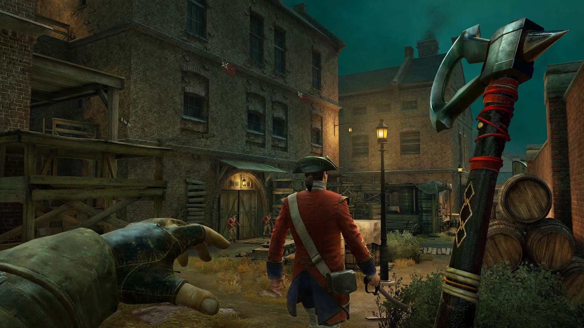 First-person gameplay with Connor holding an axe behind a redcoat soldier in Assassin's Creed Nexus VR.