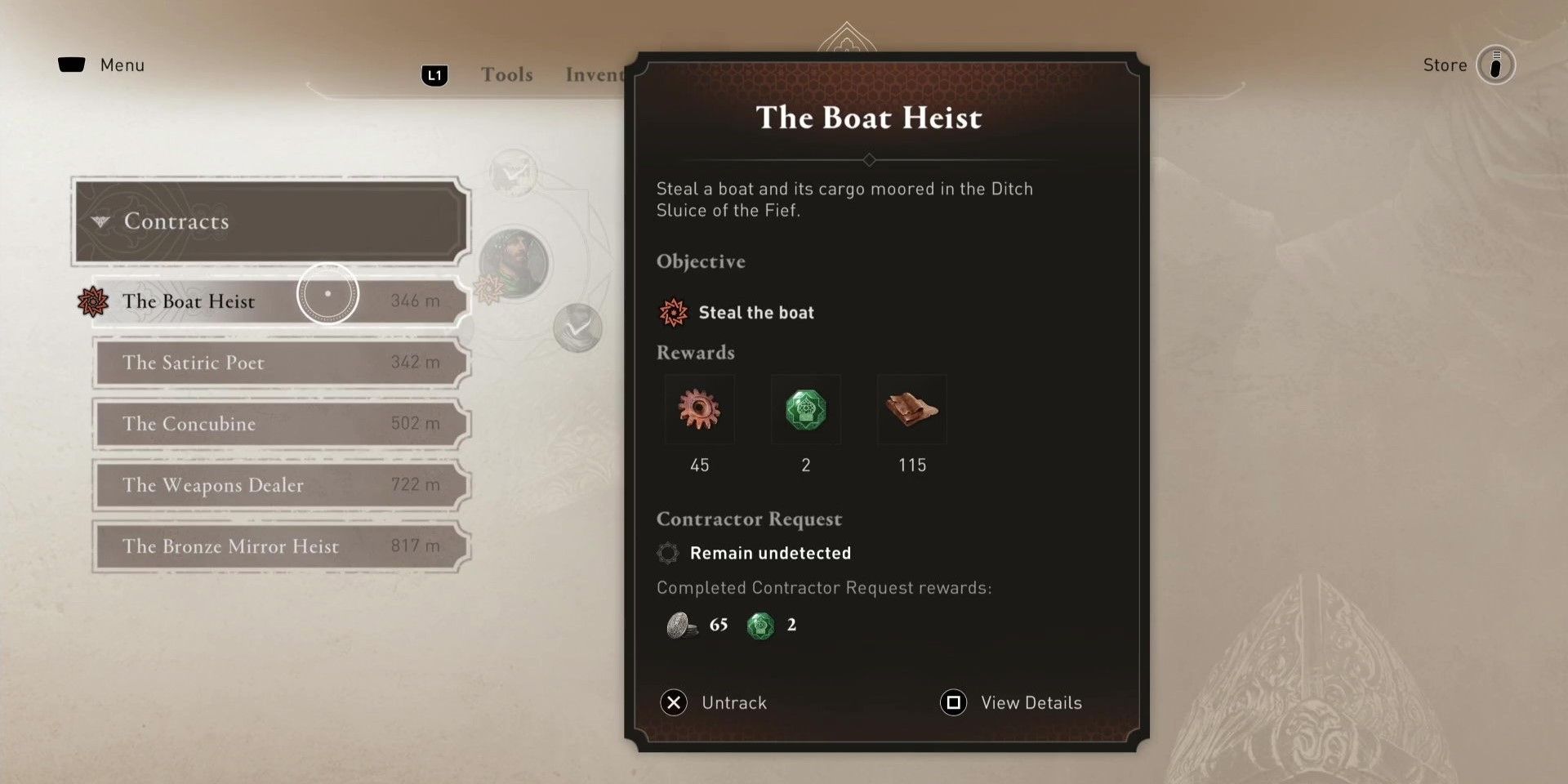 The Boat Heist Contract in the Contracts Menu in Assassin&rsquo;s Creed Mirage