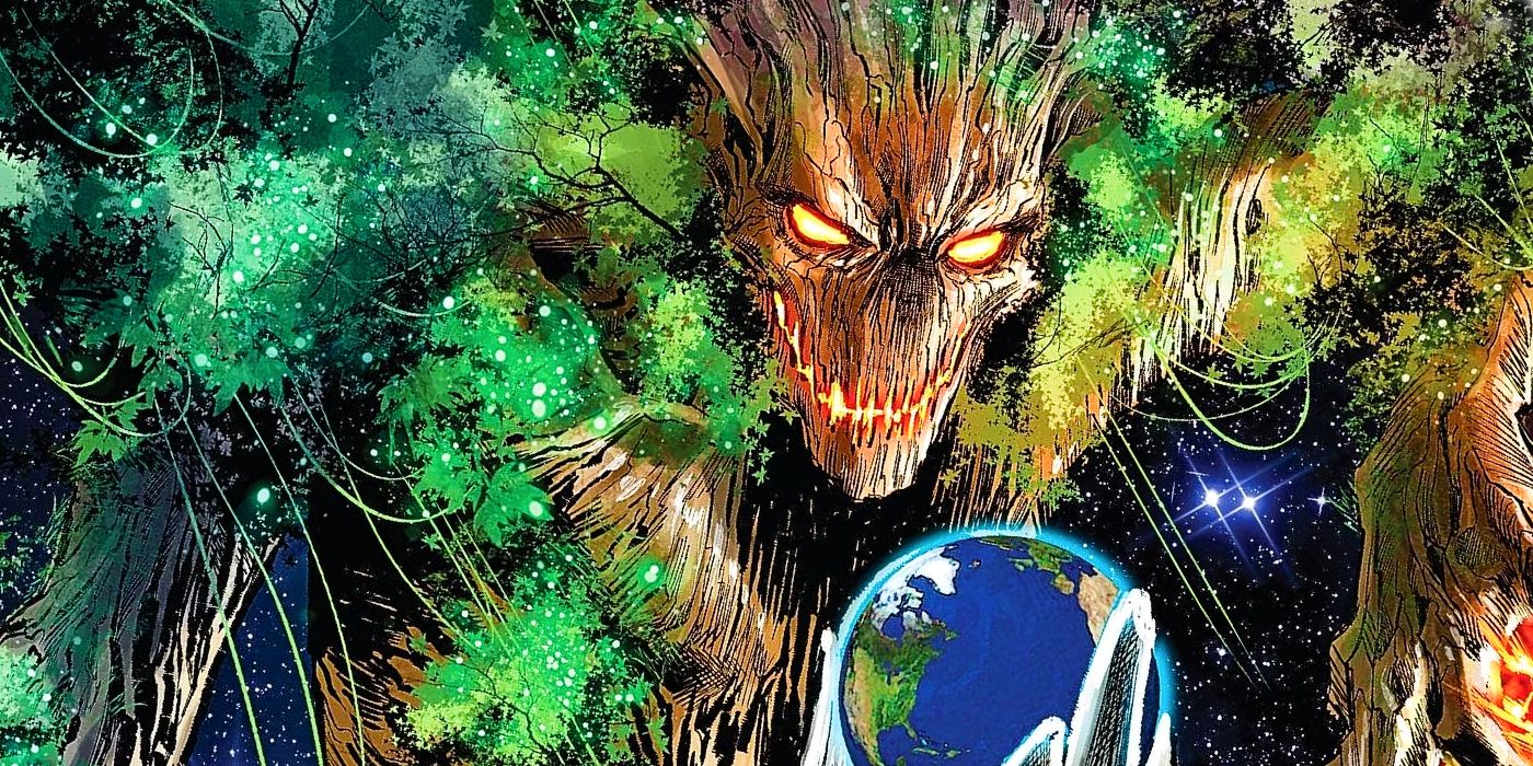A massive Groot cradles a comparatively palm-sized Earth in the vastness of space.