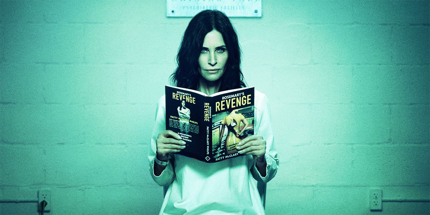 Courteney Cox reading in a promotional image for Shining Vale season 2