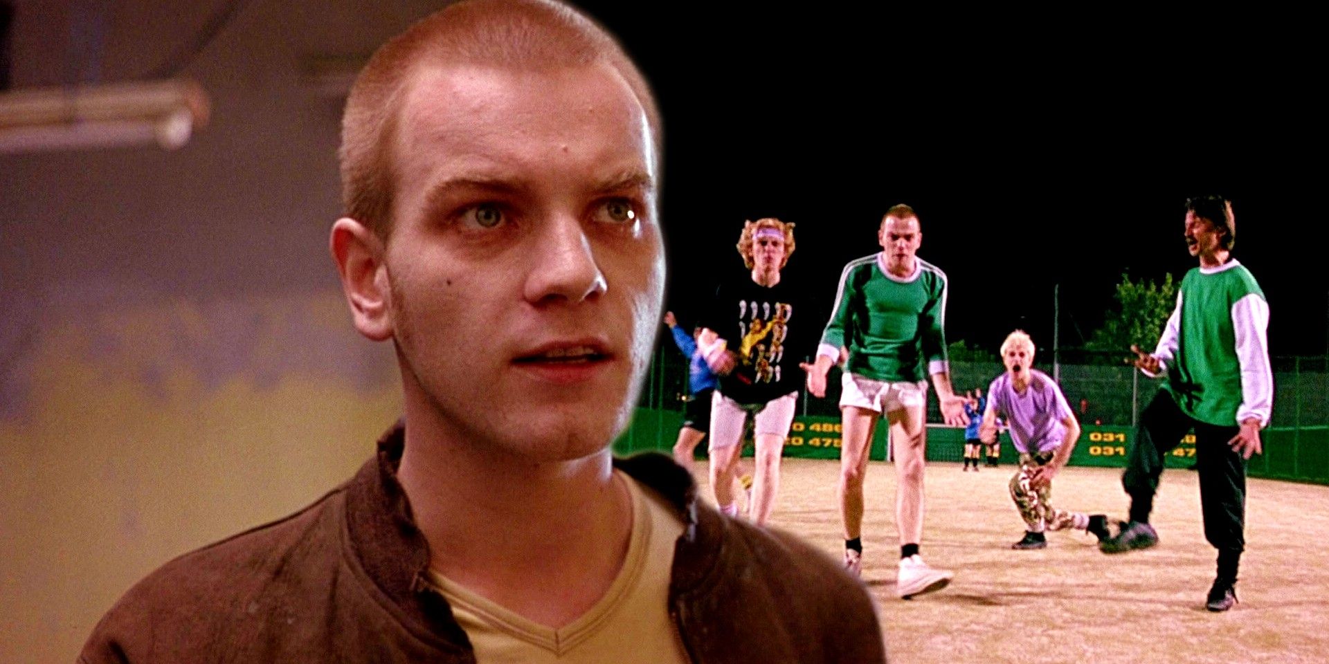 Custom image of Ewan McGregor and his friends playing soccer in Trainspotting