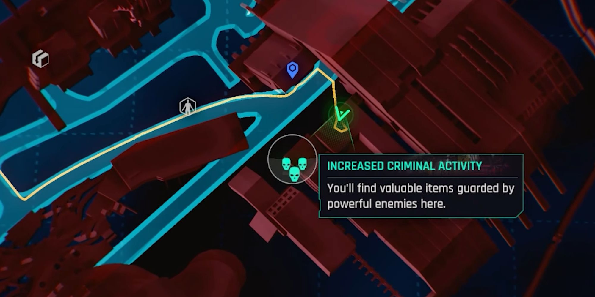 A screenshot of the map from Cyberpunk 2077 Phantom Liberty&rsquo;s Dogtown, highlighting a Criminal Activity zone.