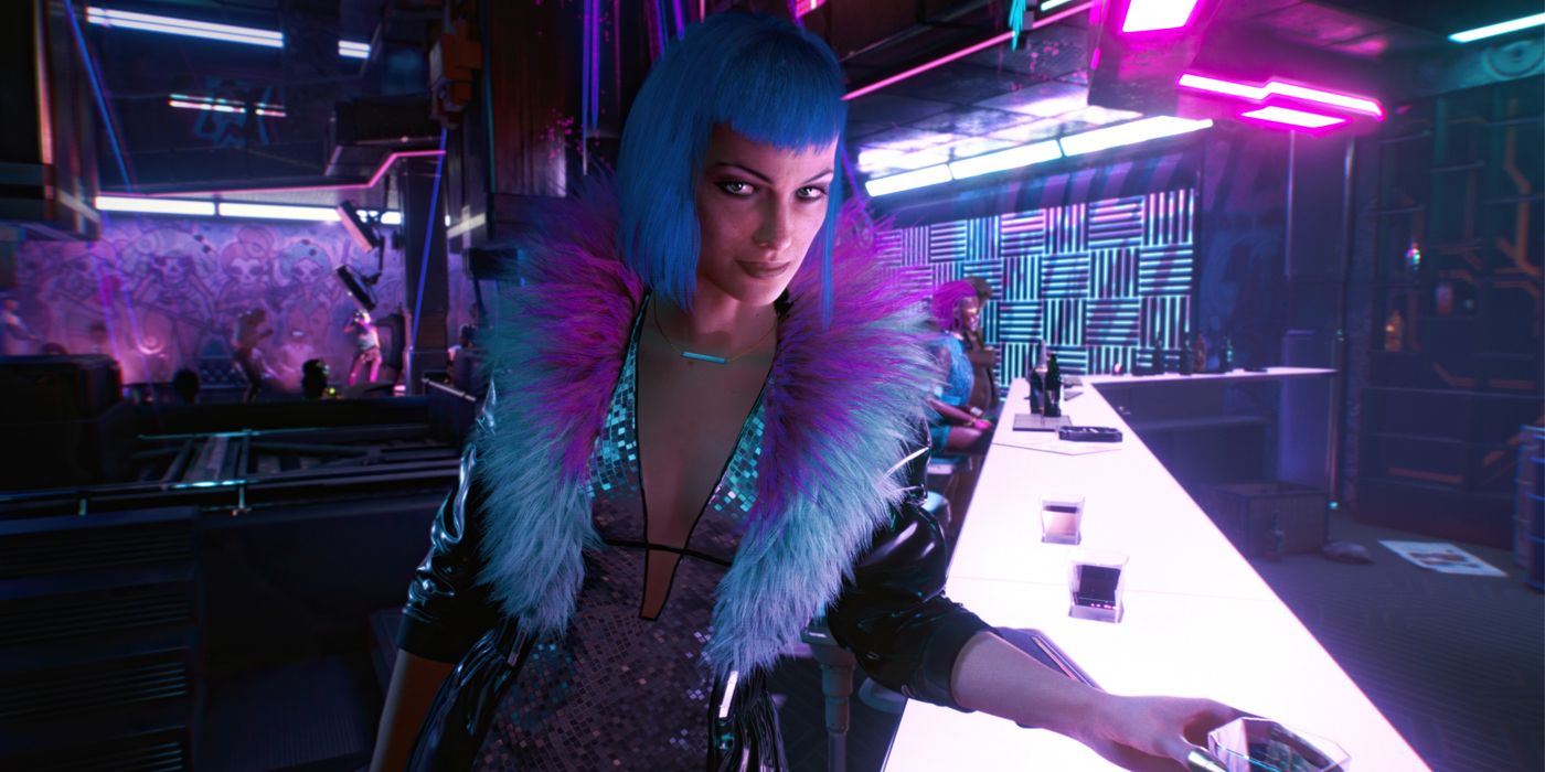 Evelyn Parker em um bar em Cyberpunk 2077