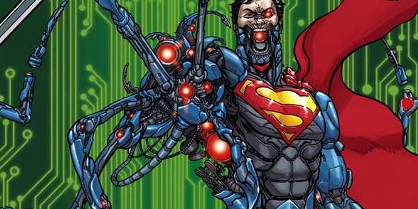 Arte de quadrinhos: Cyborg Superman estica a mão.