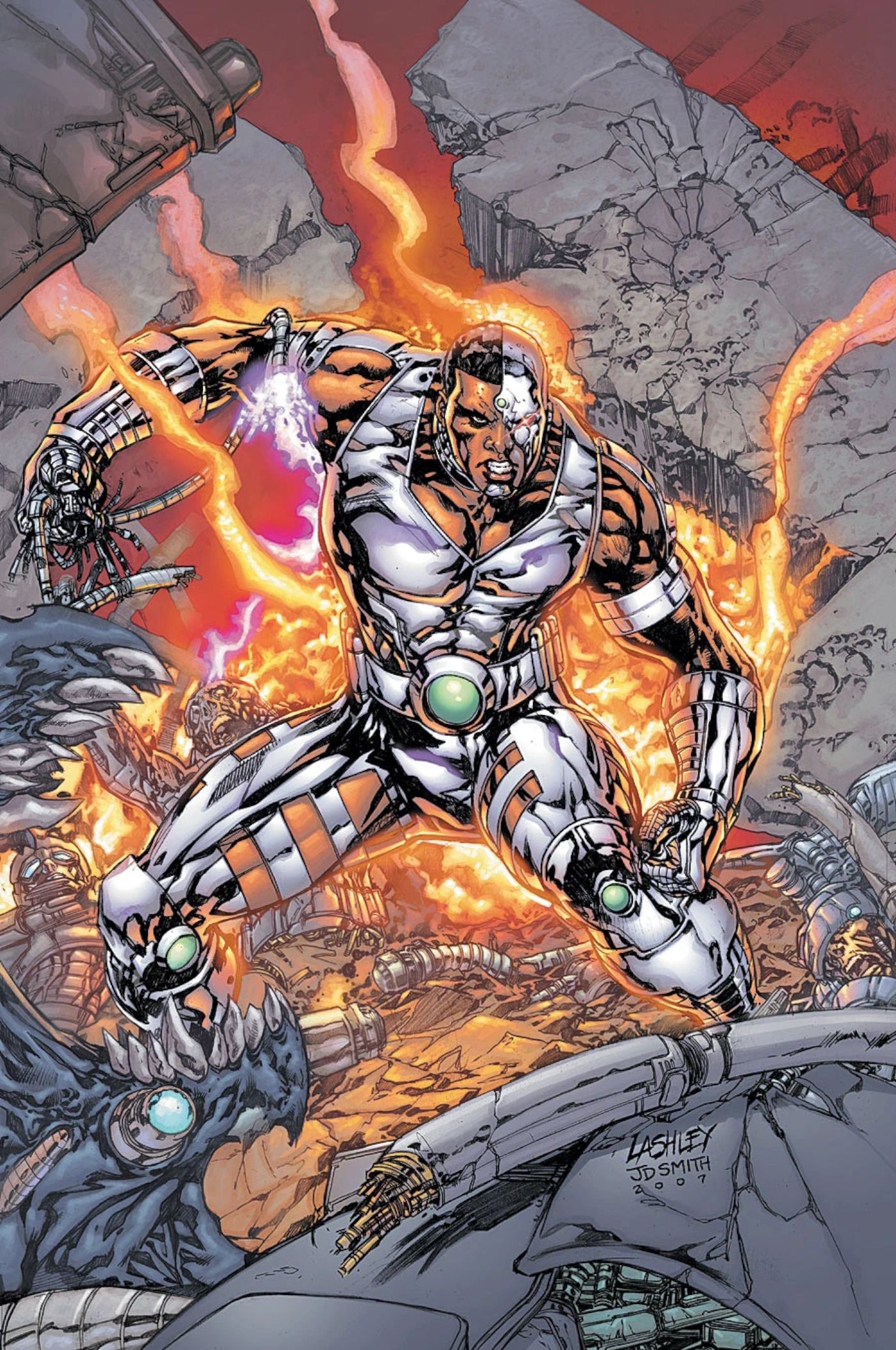 DC Comics' Cyborg, in the midst of rubble from a battle