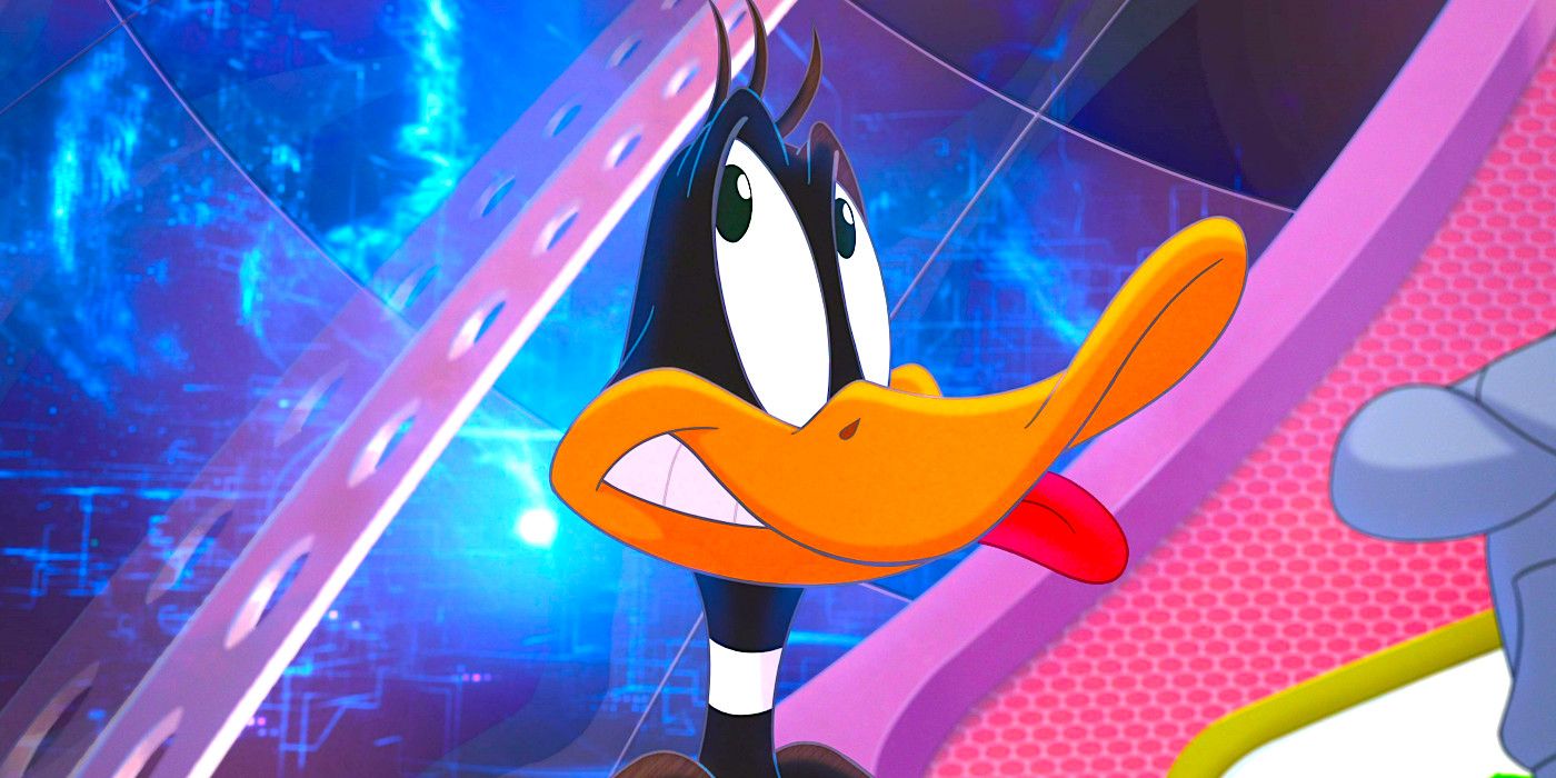 Daffy Duck speaking with his tongue sticking out in Space Jam 2