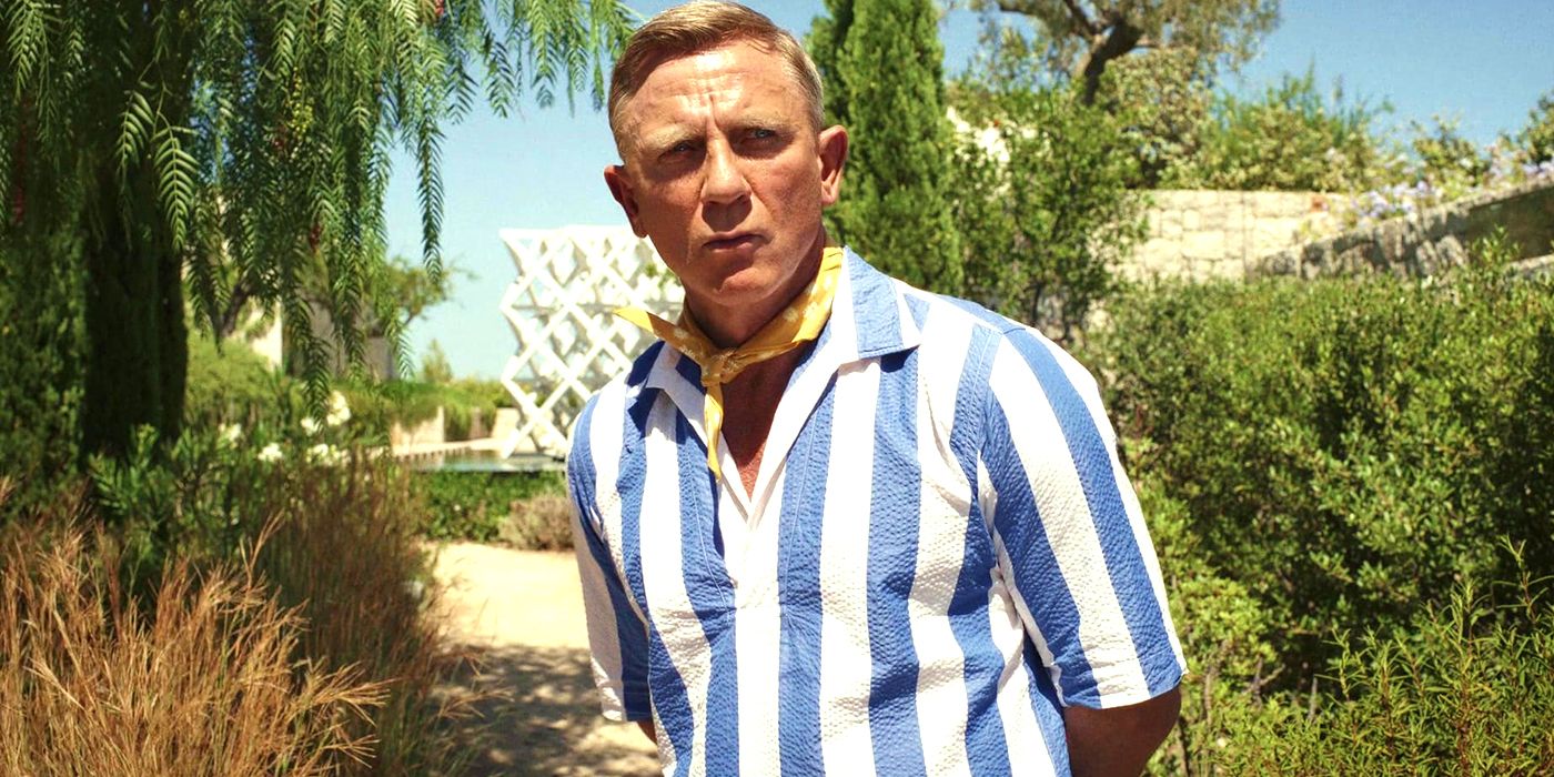 Daniel Craig as Benoit Blanc looking puzzled outdoors on an island in Glass Onion A Knives Out Mystery