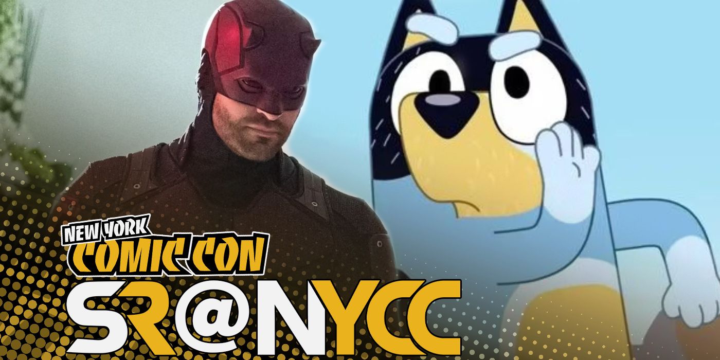 Custom image of Charlie Cox as Daredevil and Bandit from Bluey with New York Comic Con overlay