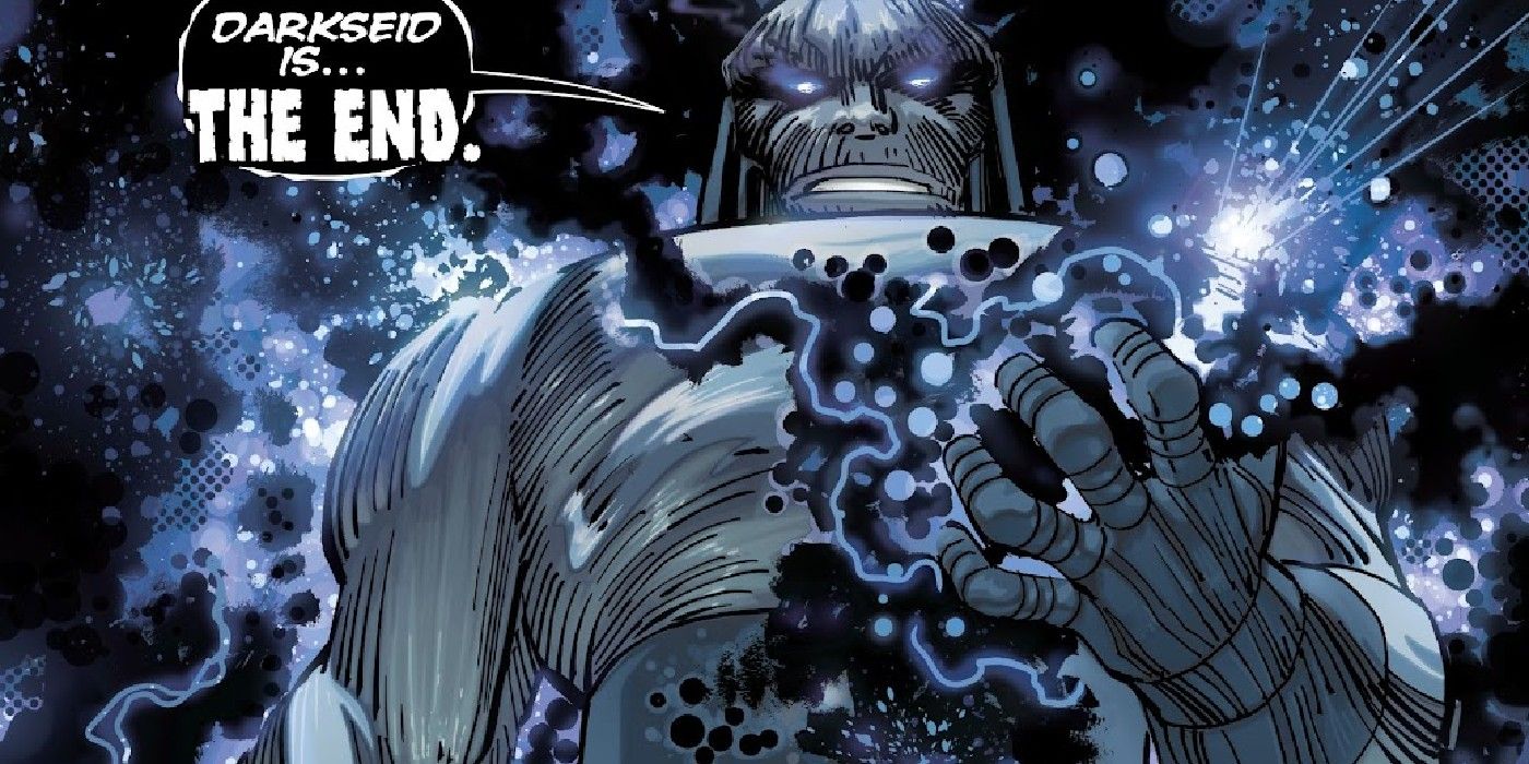 Darkseid, against a cosmic backdrop, surging with energy, declares: &ldquo;Darkseid is the end.&quot;
