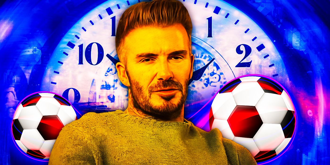 David Beckham with soccer balls and a clockface behind him