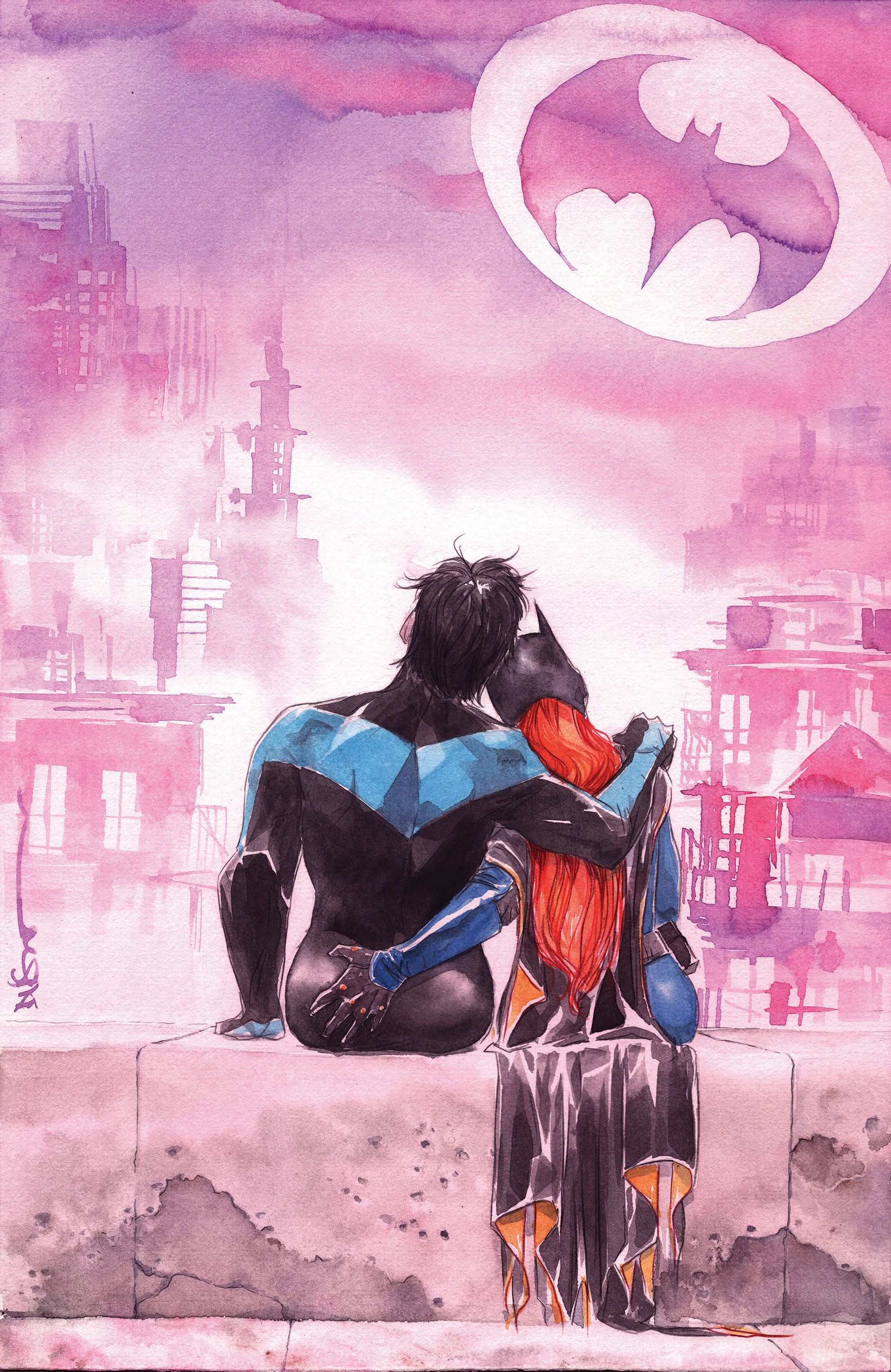 Nightwing and Batgirl on a Gotham rooftop with the Batsignal