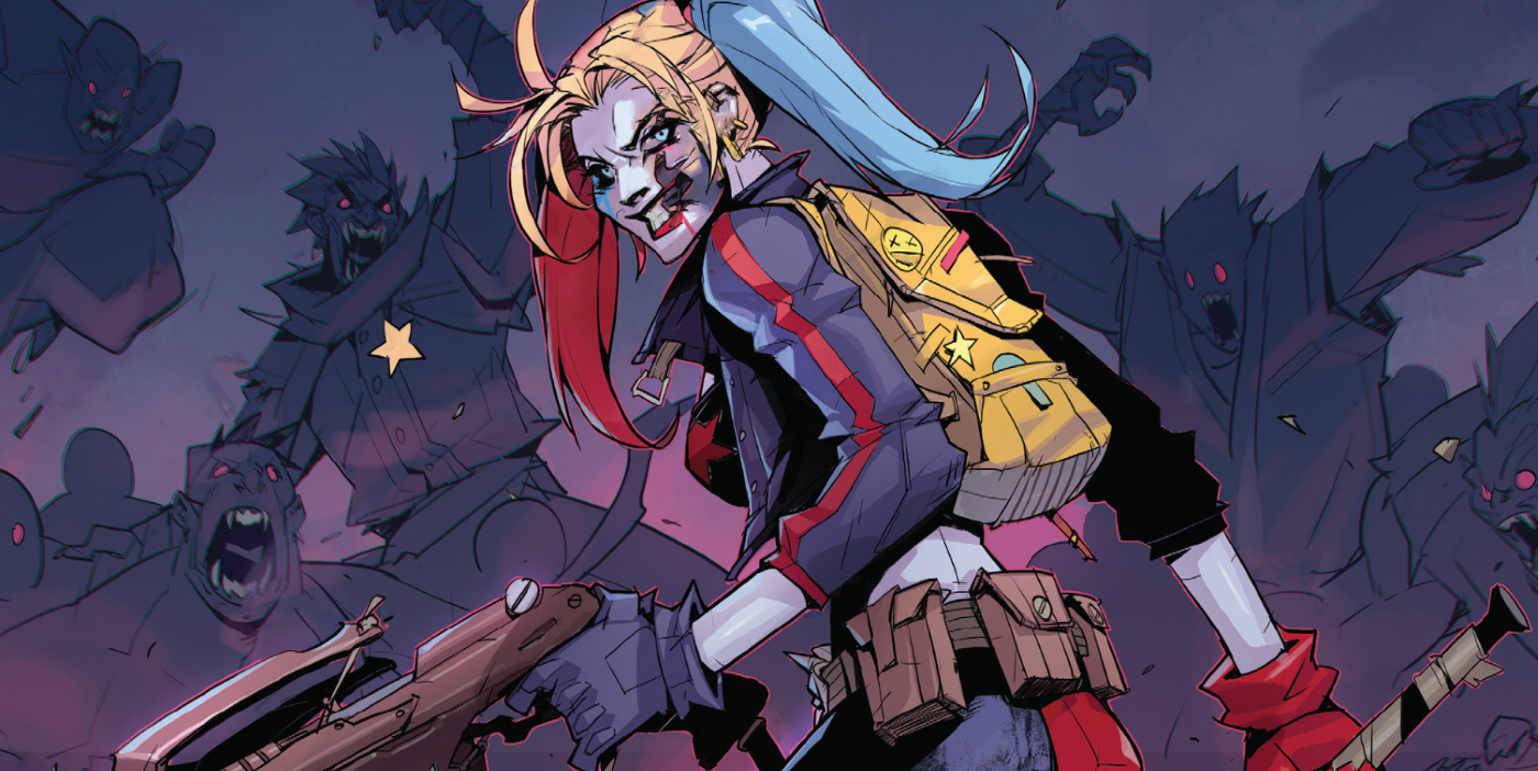 DC vs Vampires, Harley Quinn armed with a stake and crossbow, smiling as she is surrounded by vampires