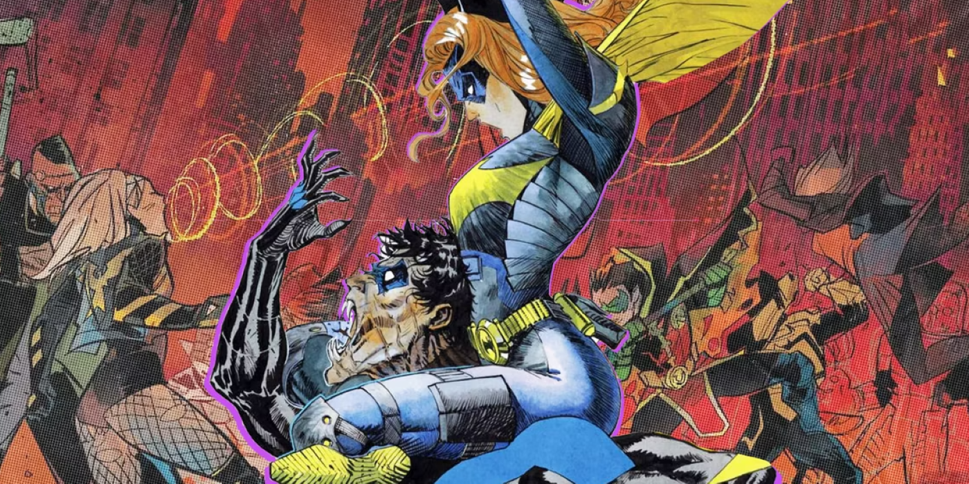 Batgirl riding Nightwing's shoulders preparing to stake him, Black Canary, Robin, and the Signal fighting vampires in the background.