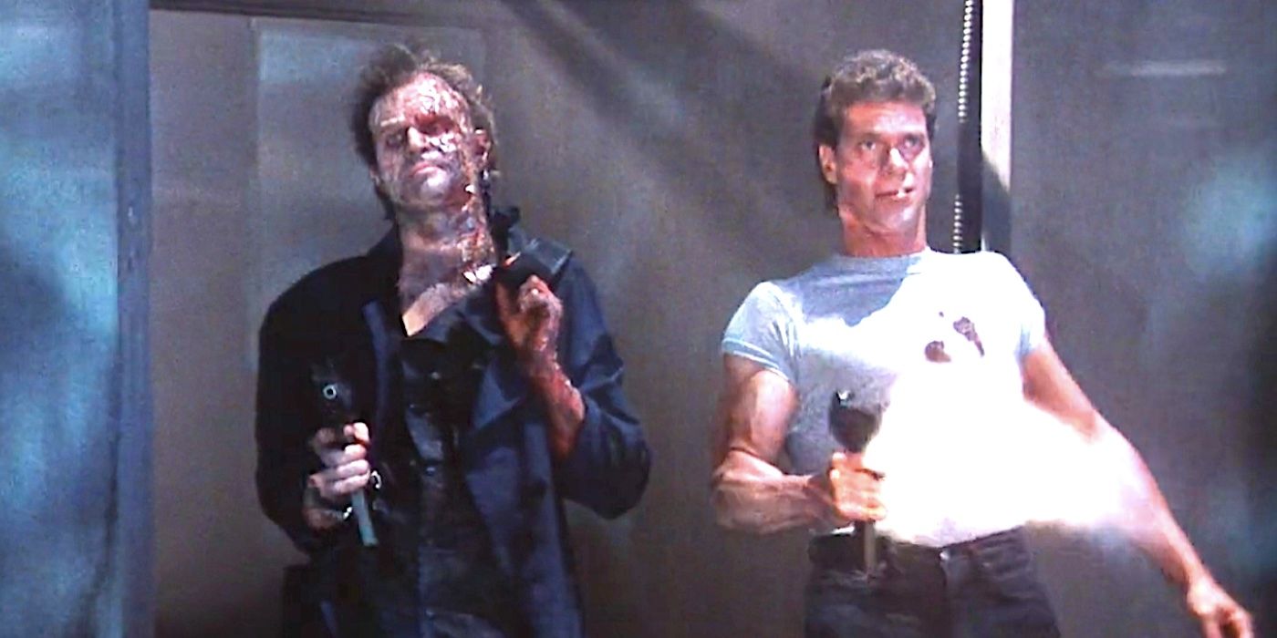 Dead Heat&rsquo;s cops, one a zombie and the other still human, open fire with machine guns