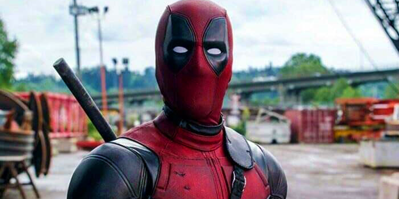 A close-up of Ryan Reynolds in his superhero suit in Deadpool.
