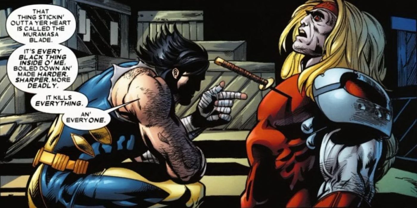 Wolverine uses Muramasa blade on Omega Red.