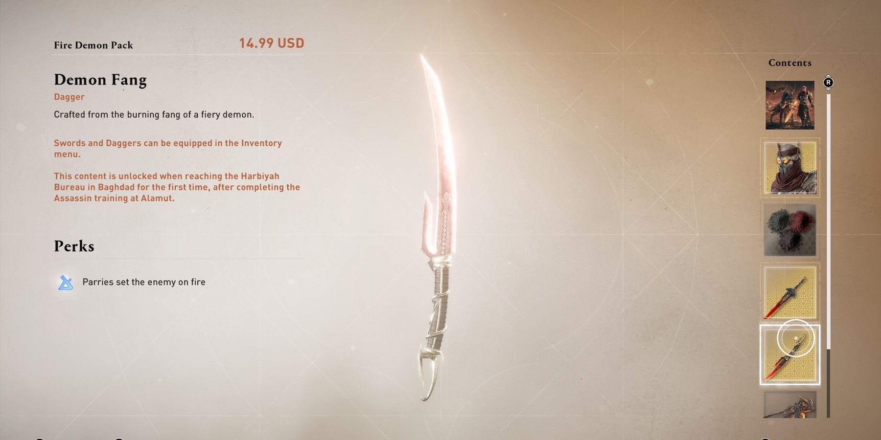 Glowing red curved Demon Fang dagger in Assassin&rsquo;s Creed Mirage