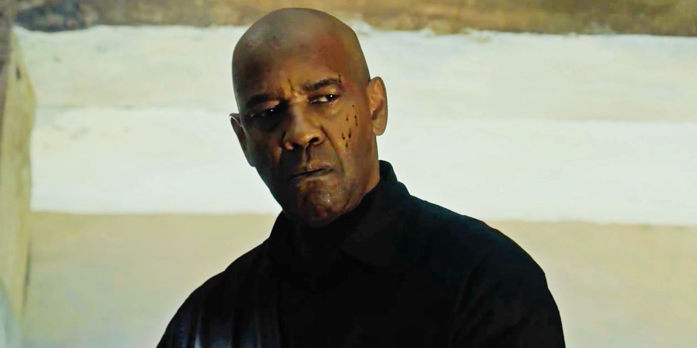Denzel Washington with blood spatter on his face as Robert McCall in The Equalizer 3.