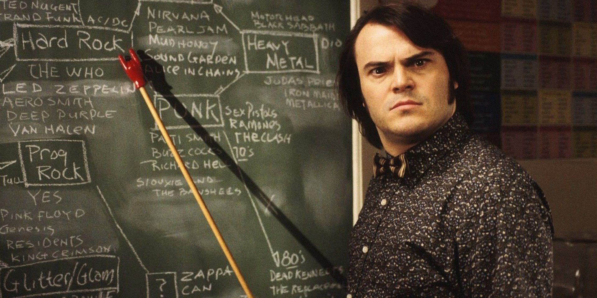 Dewey (Jack Black) stands by the chalkboard in School of Rock