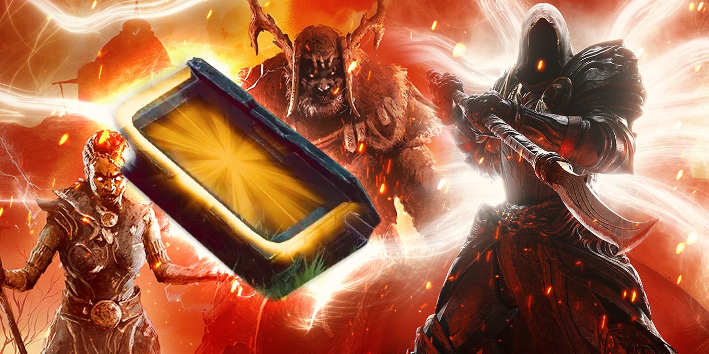 Characters from Diablo 4 with a Seeker chest in focus